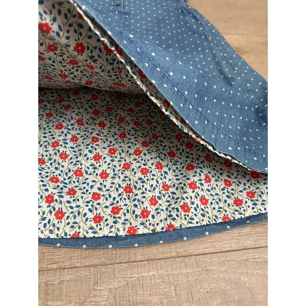 Girls Blue Polka Dot Denim Dress With Floral Lining Cap Sleeves & Button Back Cl